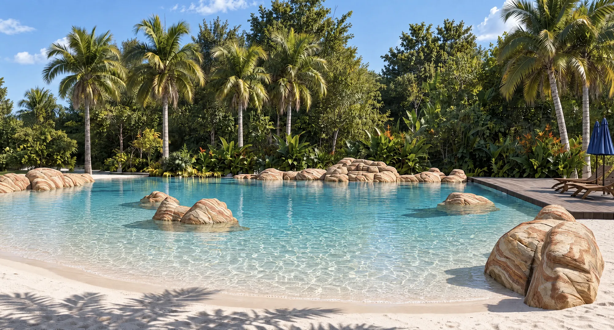 Imagen ilustrativa de la piscina playa en Paraguay de día: entrada de arena blanca, islas de piedra, agua cristalina y deck de madera con reposeras