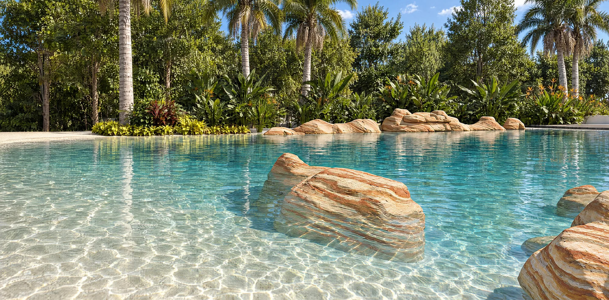 Bloques de piedra sedimentaria veteada dentro de una piscina playa de arena blanca y agua cristalina