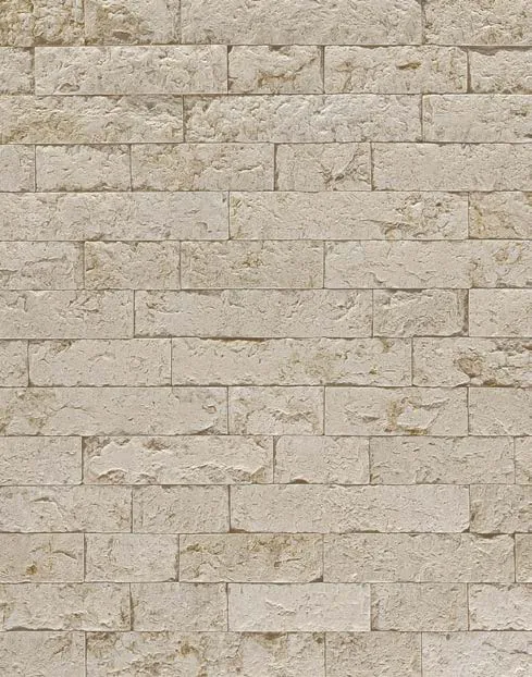 Rock-faced Suez travertine strips with a sandblasted finish in soft tones