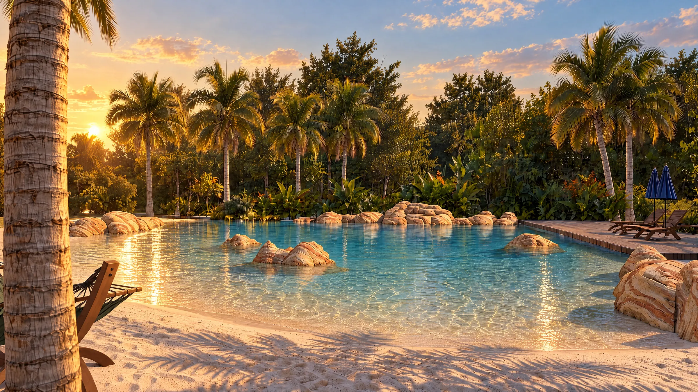 Imagen ilustrativa de la piscina playa en Paraguay al final de la tarde, con arena blanca, piedras veteadas y palmeras